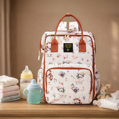 Sunveno Multi-Pocket Diaper Backpack – Waterproof Baby Nappy Bag with Insulated Pockets & Anti-Theft Pocket, Rabbit Brown