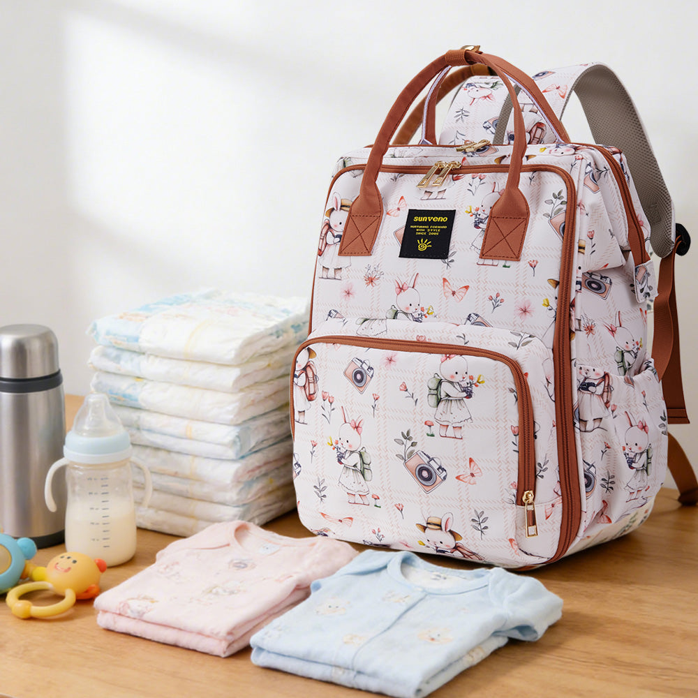 Sunveno Multi-Pocket Diaper Backpack – Waterproof Baby Nappy Bag with Insulated Pockets & Anti-Theft Pocket, Rabbit Brown