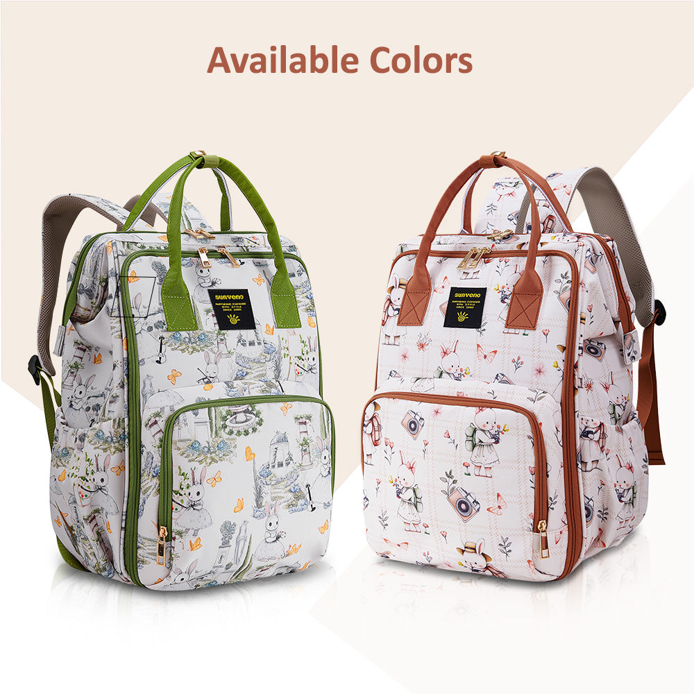 Sunveno Multi-Pocket Diaper Backpack – Waterproof Baby Nappy Bag with Insulated Pockets & Anti-Theft Pocket, Rabbit Brown