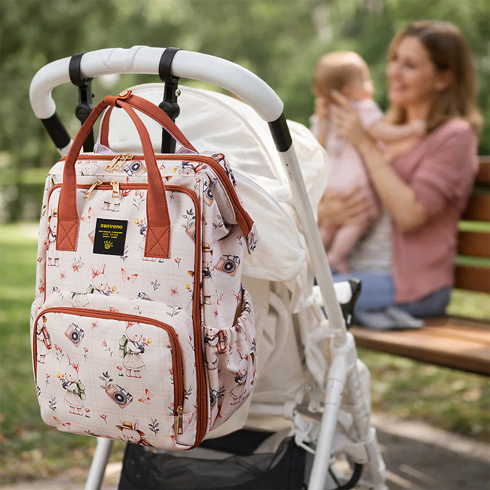 Sunveno Multi-Pocket Diaper Backpack – Waterproof Baby Nappy Bag with Insulated Pockets & Anti-Theft Pocket, Rabbit Brown