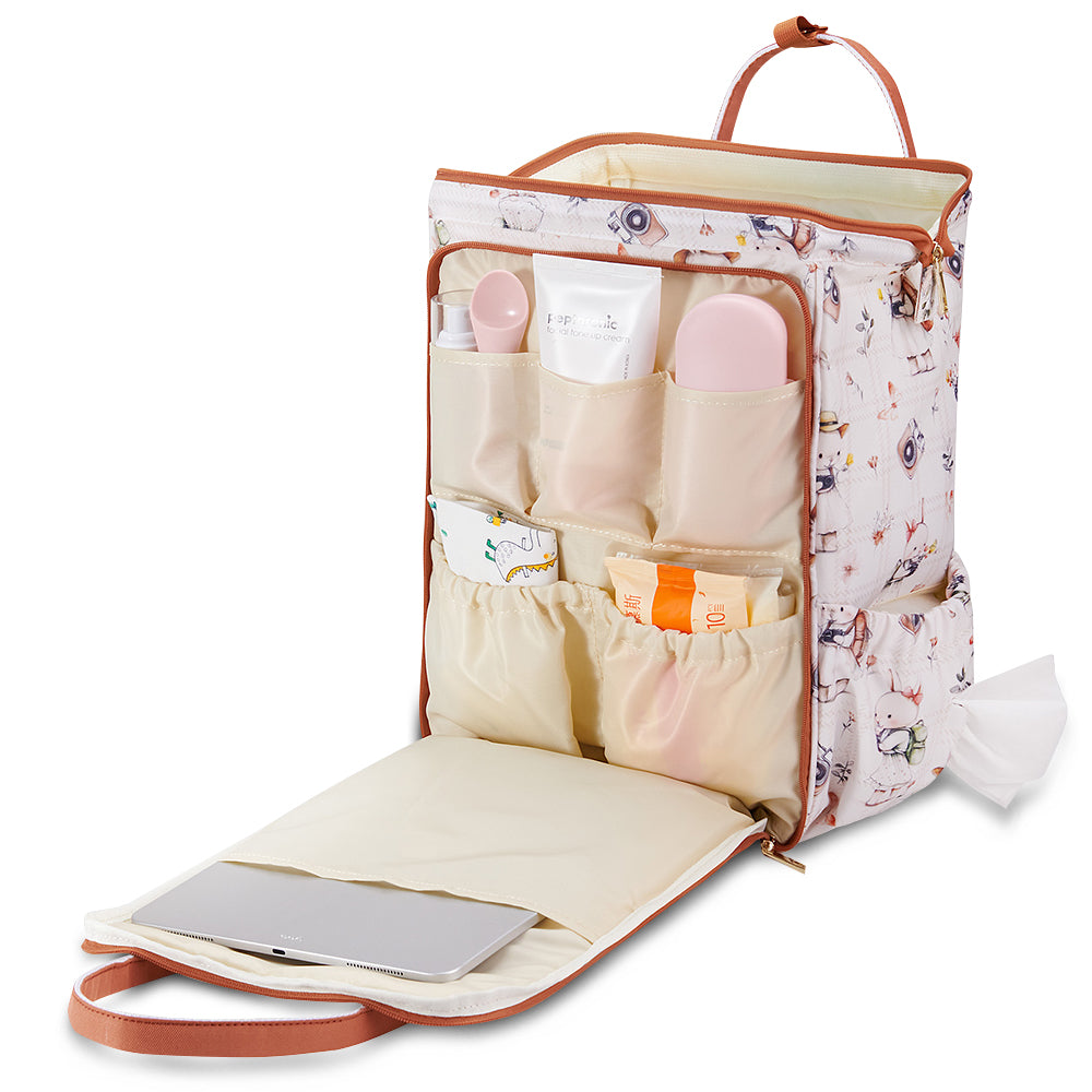 Sunveno Multi-Pocket Diaper Backpack – Waterproof Baby Nappy Bag with Insulated Pockets & Anti-Theft Pocket, Rabbit Brown