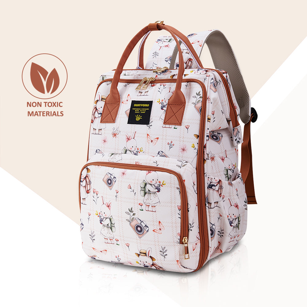 Sunveno Multi-Pocket Diaper Backpack – Waterproof Baby Nappy Bag with Insulated Pockets & Anti-Theft Pocket, Rabbit Brown