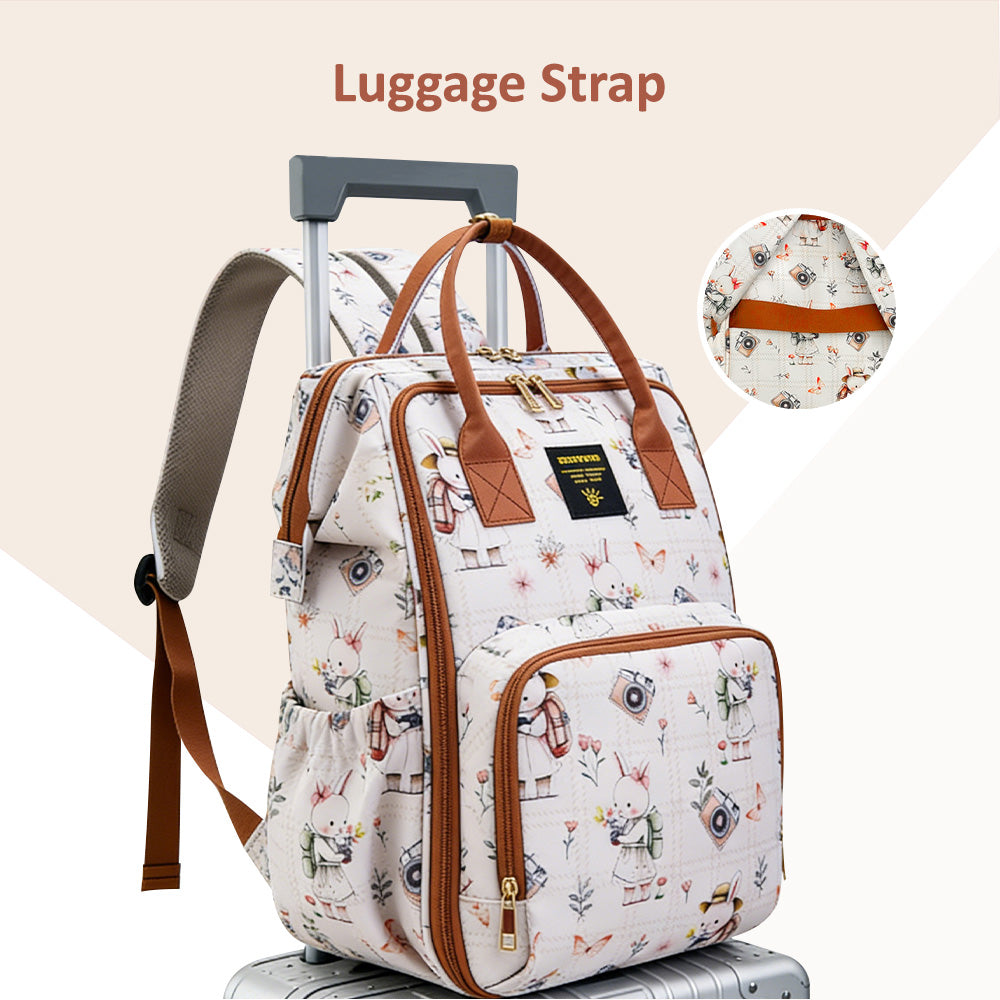 Sunveno Multi-Pocket Diaper Backpack – Waterproof Baby Nappy Bag with Insulated Pockets & Anti-Theft Pocket, Rabbit Brown