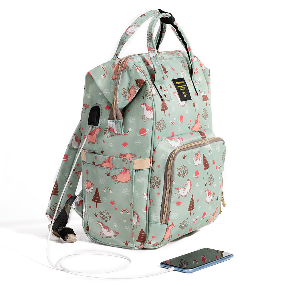 SUNVENO Diaper Bag with USB - Green Dream Sky + Hooks