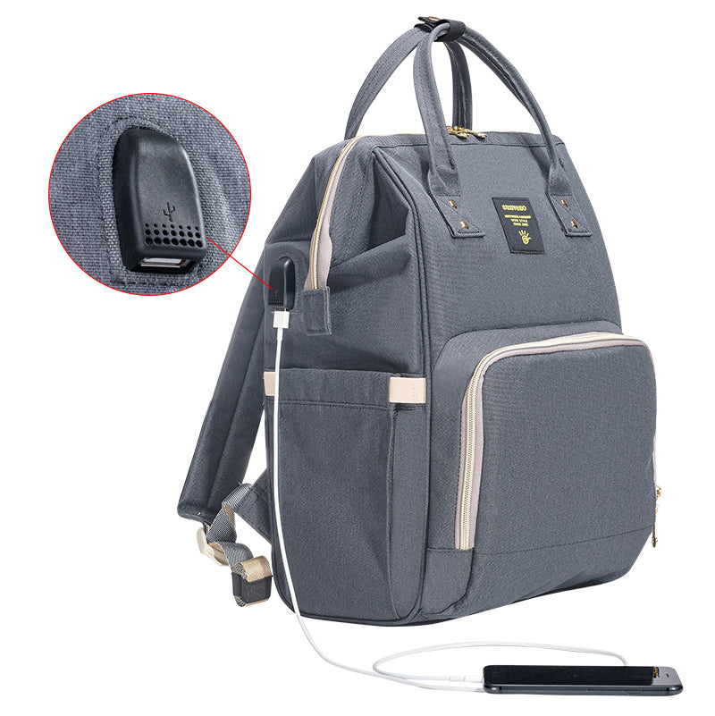 SUNVENO Diaper Bag with USB - Grey + Hooks