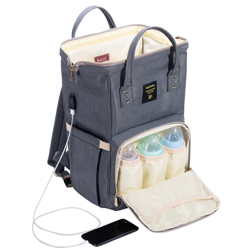 SUNVENO Diaper Bag with USB - Grey + Hooks
