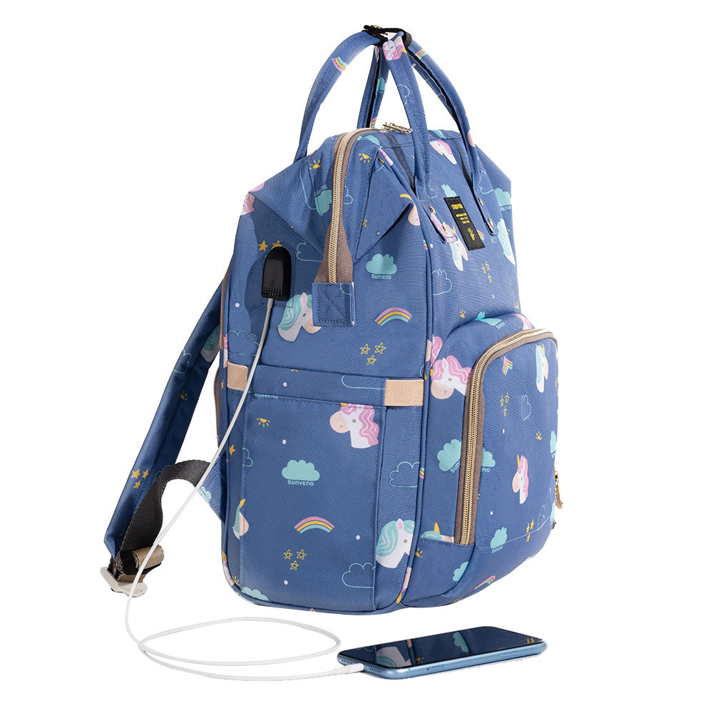 SUNVENO Diaper Bag with USB - Unicorn Blue + Hooks