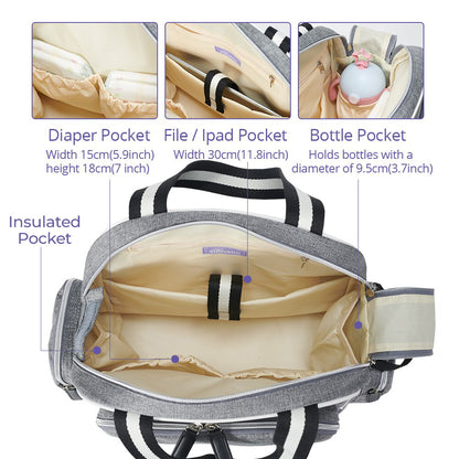SUNVENO Signature Maternity Diaper bag - Grey + Stroller Hooks