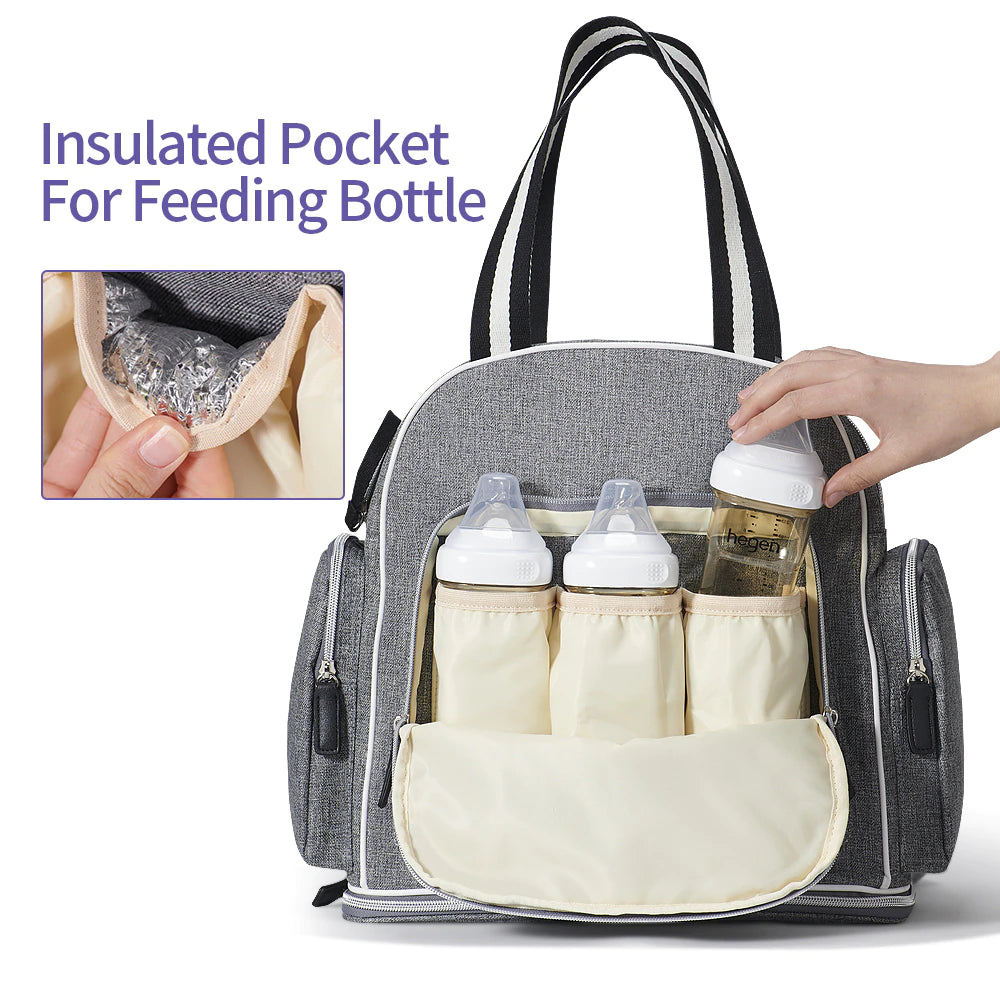SUNVENO Signature Maternity Diaper bag - Grey + Stroller Hooks