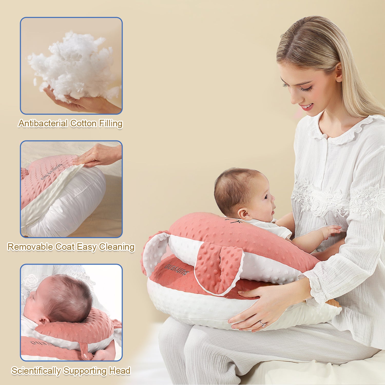 Sunveno Baby Anti - Reflux Feeding Pillow w/C Shapped Seating Pillow - Pink
