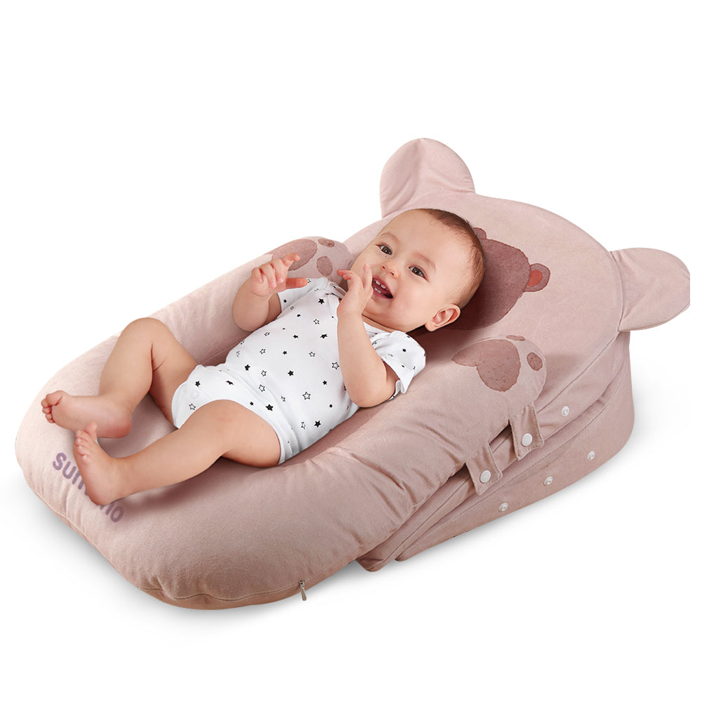 Sunveno Portable Baby Anti - spill Milk U Shape Pillow w/10° & 15° Slope pad Bear Pink