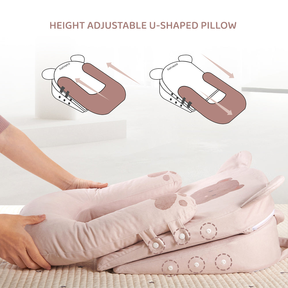 Sunveno Portable Baby Anti - spill Milk U Shape Pillow w/10° & 15° Slope pad Bear Pink