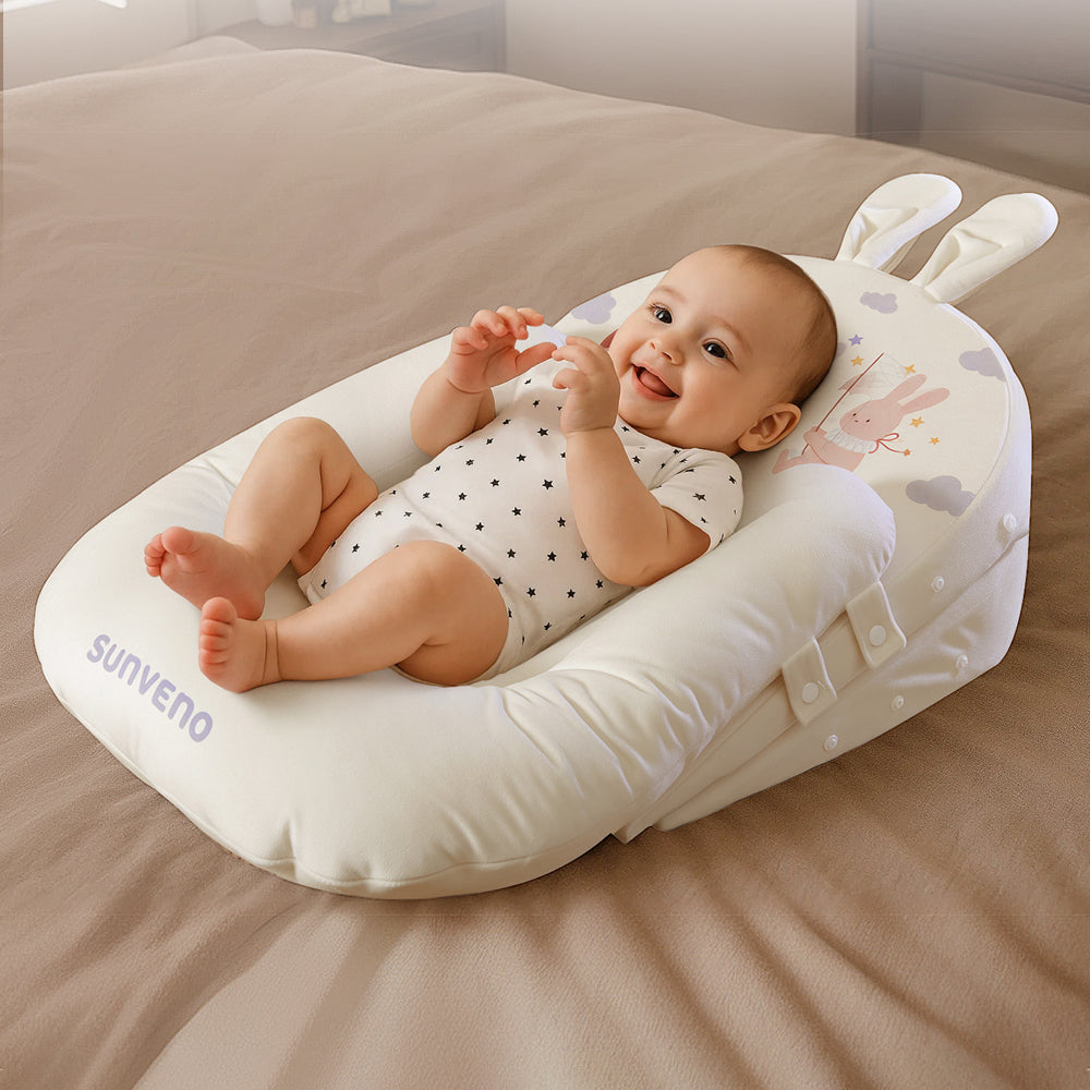 Sunveno Portable Baby Anti - spill Milk U Shape Pillow w/10° & 15° Slope pad _ Rabbit White