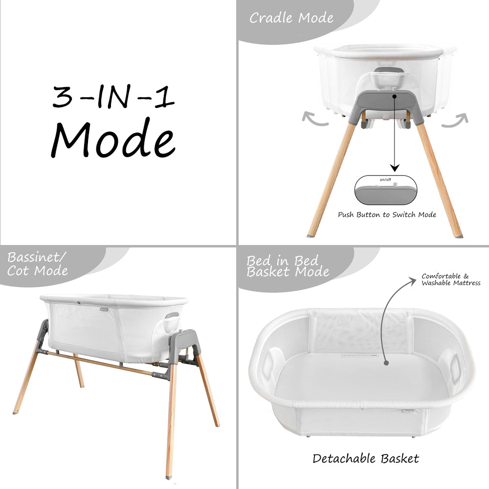 TEKNUM 3 - IN - 1 Baby Rocker Bassinet/Infant Crib w/Mosquito net - White
