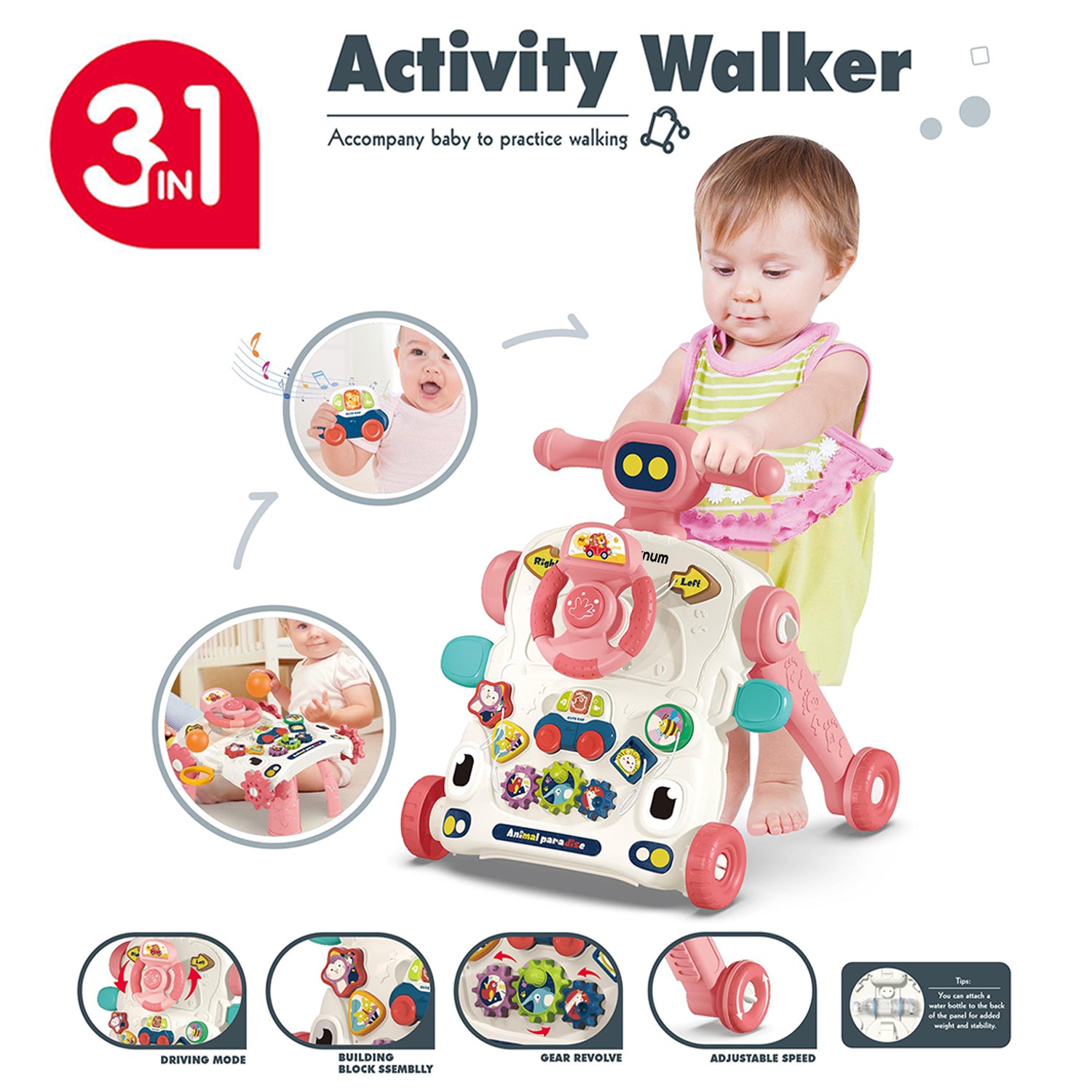 TEKNUM 3 - IN - 1 Baby Walker/Learning Table Mode/Game Panel Mode with Musical keyboard - Pink