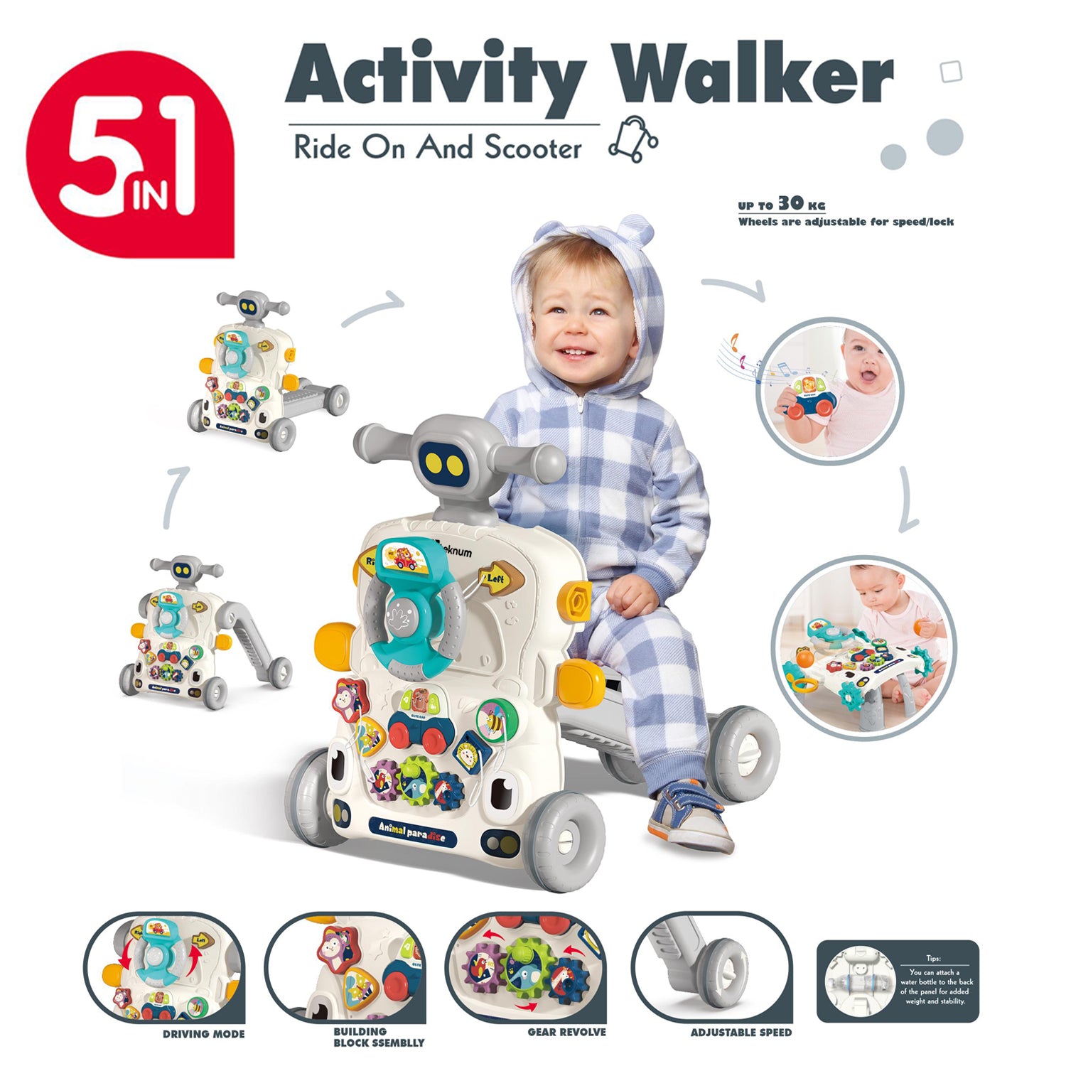 TEKNUM 5 - IN - 1 Baby Walker/Learning Table Mode/Game Panel Mode/Scooter Mode/Roller Coaster Mode with Musical keyboard - Grey