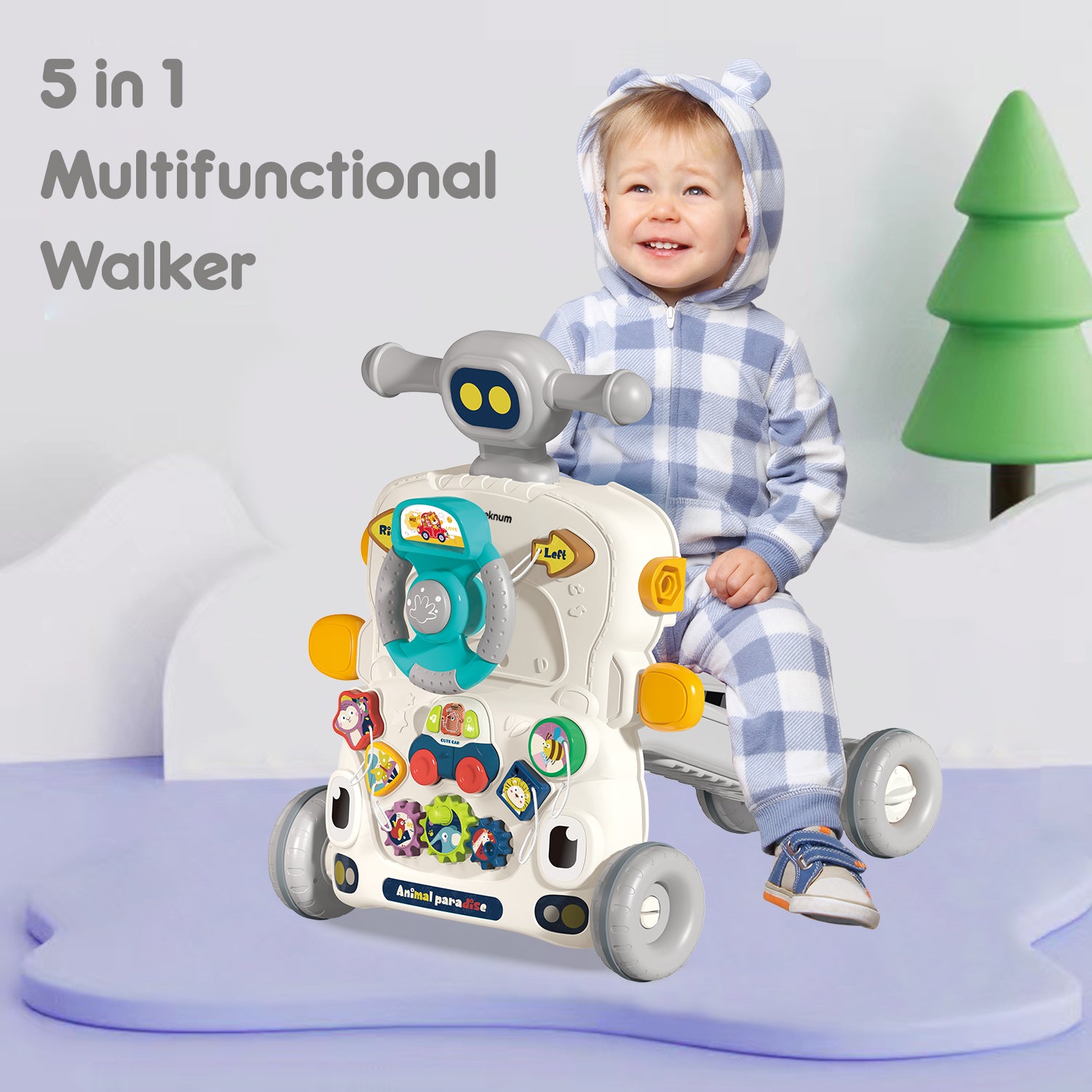 TEKNUM 5 - IN - 1 Baby Walker/Learning Table Mode/Game Panel Mode/Scooter Mode/Roller Coaster Mode with Musical keyboard - Grey