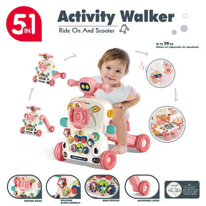 TEKNUM 5 - IN - 1 Baby Walker/Learning Table Mode/Game Panel Mode/Scooter Mode/Roller Coaster Mode with Musical keyboard - Pink