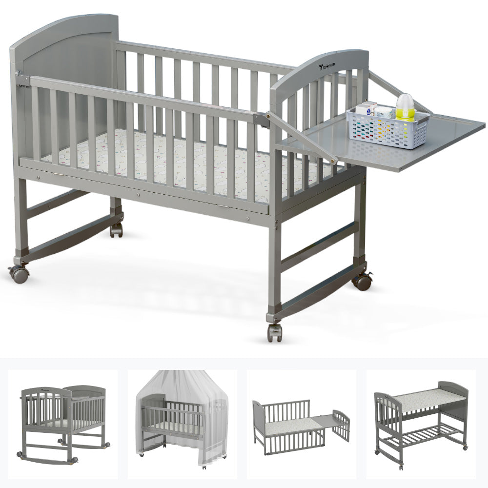 TEKNUM - 7 in 1 Convertible Kids Bed & Bedside Crib w/Mattress, Mosquito net & Detachable Wheels(0 - 12yrs) - Grey