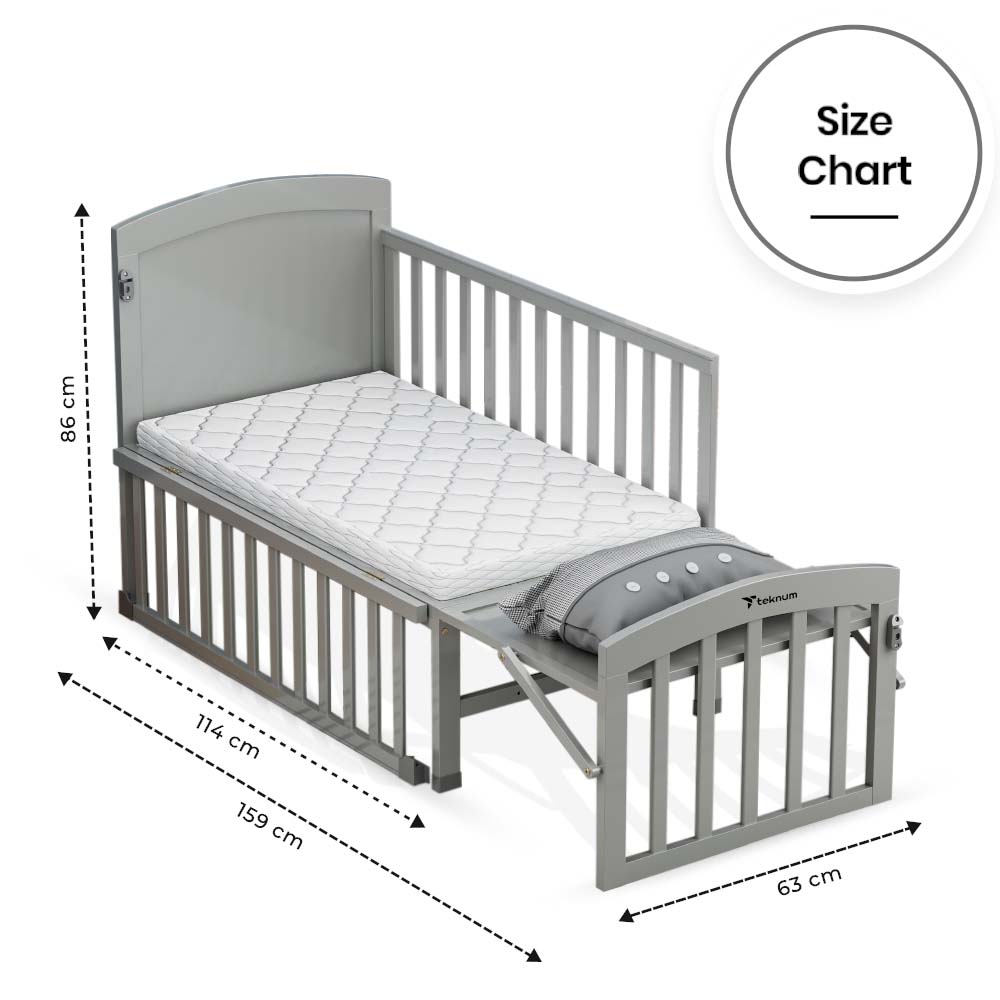 TEKNUM - 7 in 1 Convertible Kids Bed & Bedside Crib w/Mattress, Mosquito net & Detachable Wheels(0 - 12yrs) - Grey