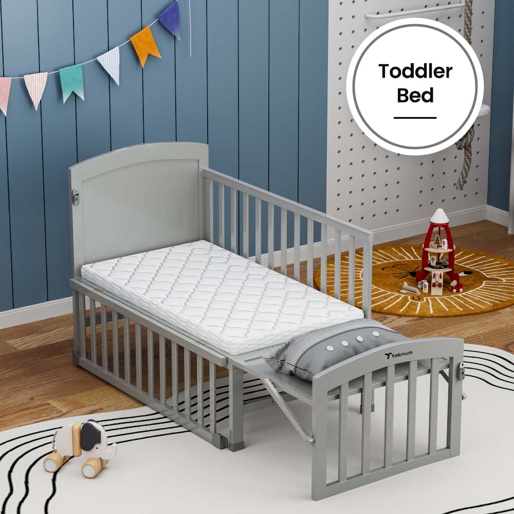 TEKNUM - 7 in 1 Convertible Kids Bed & Bedside Crib w/Mattress, Mosquito net & Detachable Wheels(0 - 12yrs) - Grey