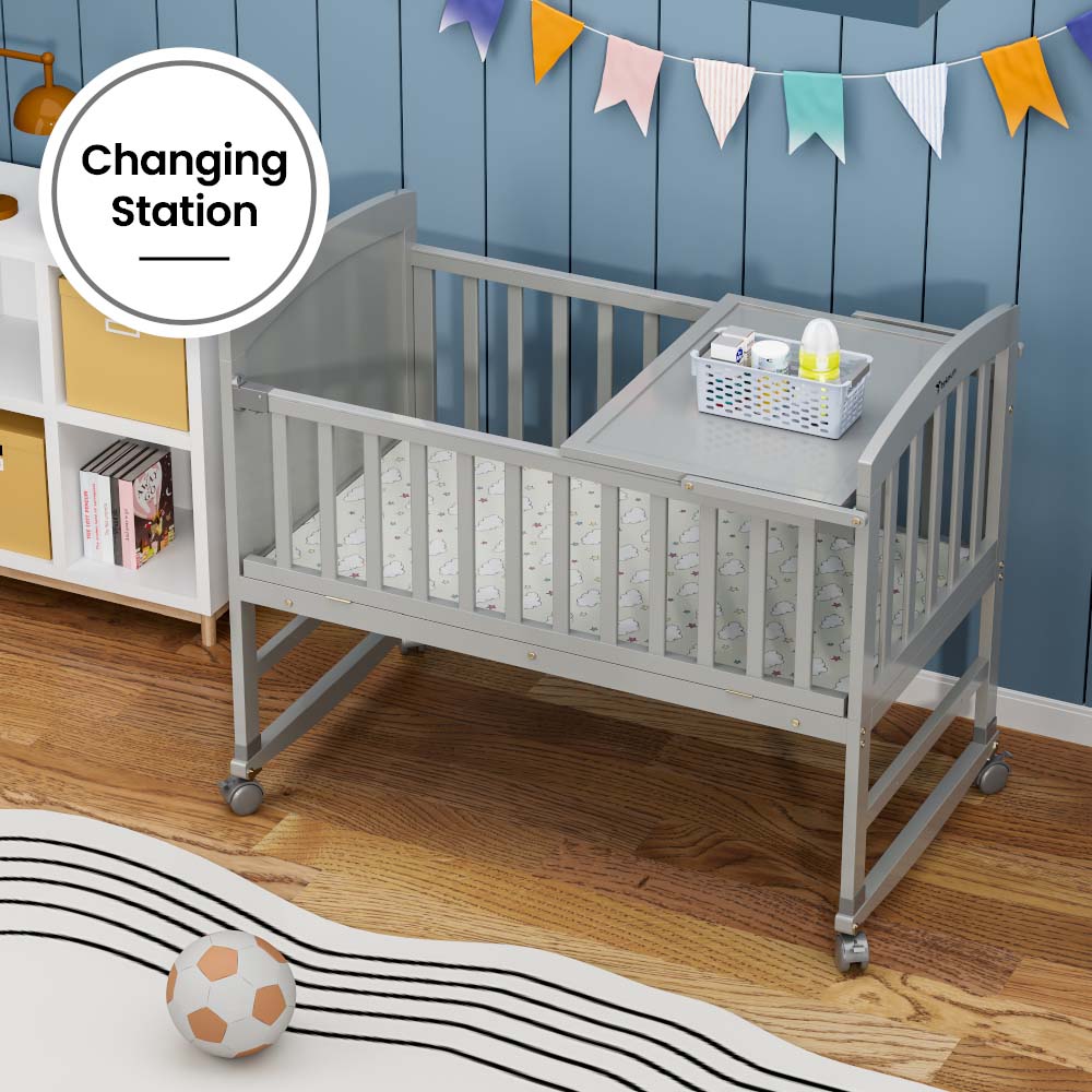 TEKNUM - 7 in 1 Convertible Kids Bed & Bedside Crib w/Mattress, Mosquito net & Detachable Wheels(0 - 12yrs) - Grey