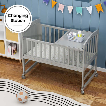 TEKNUM - 7 in 1 Convertible Kids Bed & Bedside Crib w/Mattress, Mosquito net & Detachable Wheels(0 - 12yrs) - Grey
