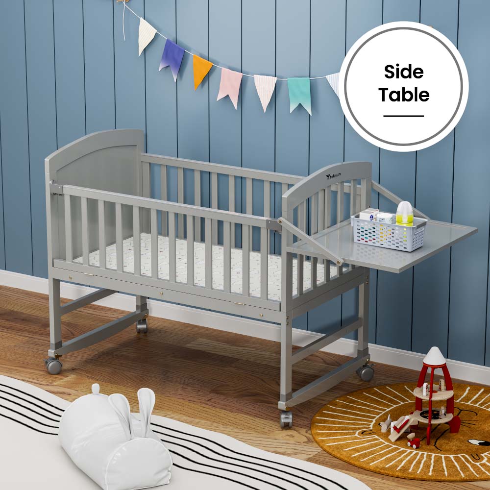 TEKNUM - 7 in 1 Convertible Kids Bed & Bedside Crib w/Mattress, Mosquito net & Detachable Wheels(0 - 12yrs) - Grey