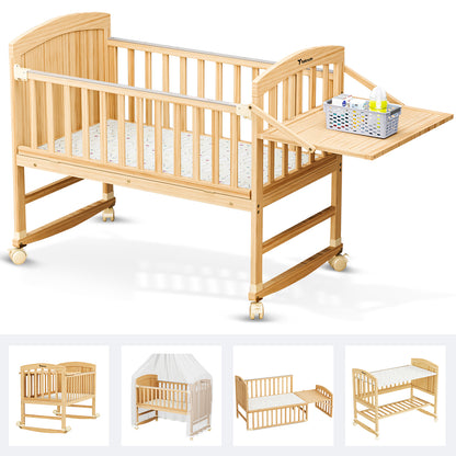 TEKNUM - 7 in 1 Convertible Kids Bed & Bedside Crib w/Mattress, Mosquito net & Detachable Wheels(0 - 12yrs) - Natural Wood