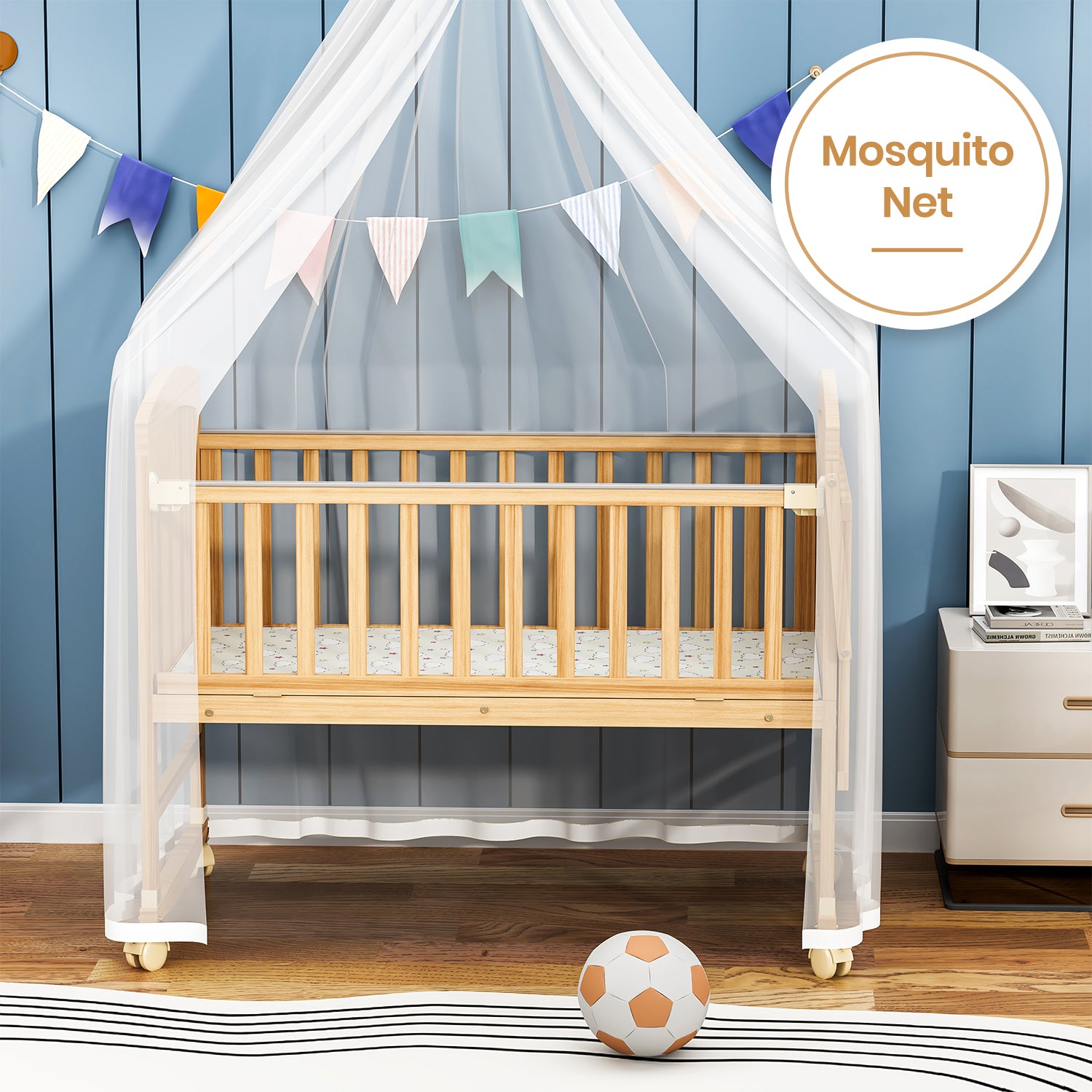TEKNUM - 7 in 1 Convertible Kids Bed & Bedside Crib w/Mattress, Mosquito net & Detachable Wheels(0 - 12yrs) - Natural Wood