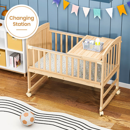 TEKNUM - 7 in 1 Convertible Kids Bed & Bedside Crib w/Mattress, Mosquito net & Detachable Wheels(0 - 12yrs) - Natural Wood