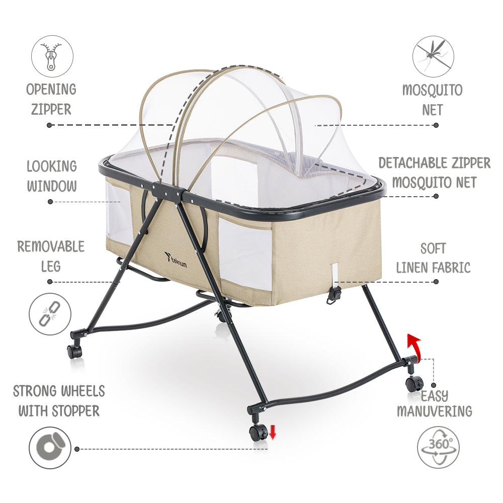 TEKNUM 3-IN-1 Baby Cot/Cradle w/Mosquito net & Wheels – Ivory