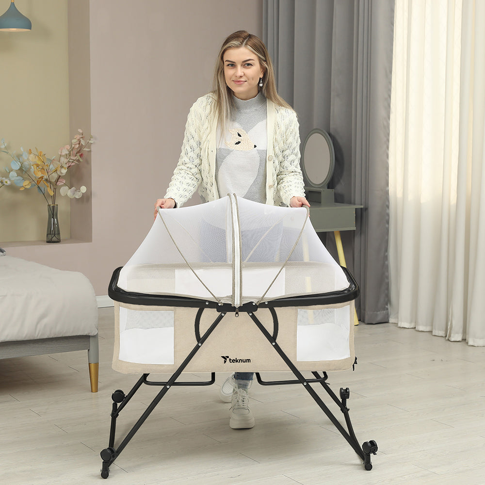 TEKNUM 3-IN-1 Baby Cot/Cradle w/Mosquito net & Wheels – Ivory