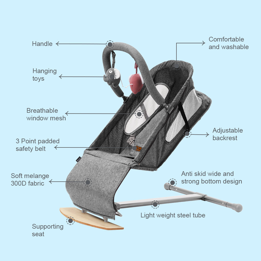 TEKNUM Baby Bouncer w/Grab Toys - Wooden Dark Grey