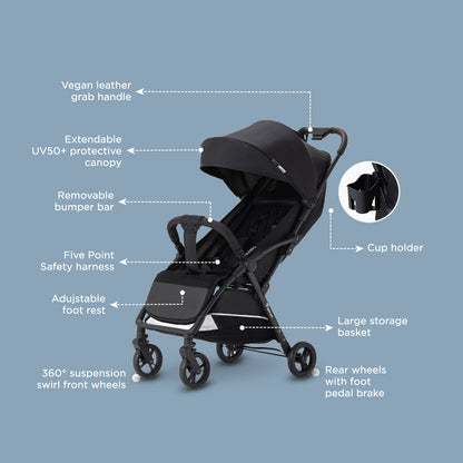 Teknum Explorer 4 Cabin-Friendly Stroller – One-Hand Auto-Fold Reclining Baby Stroller, Black
