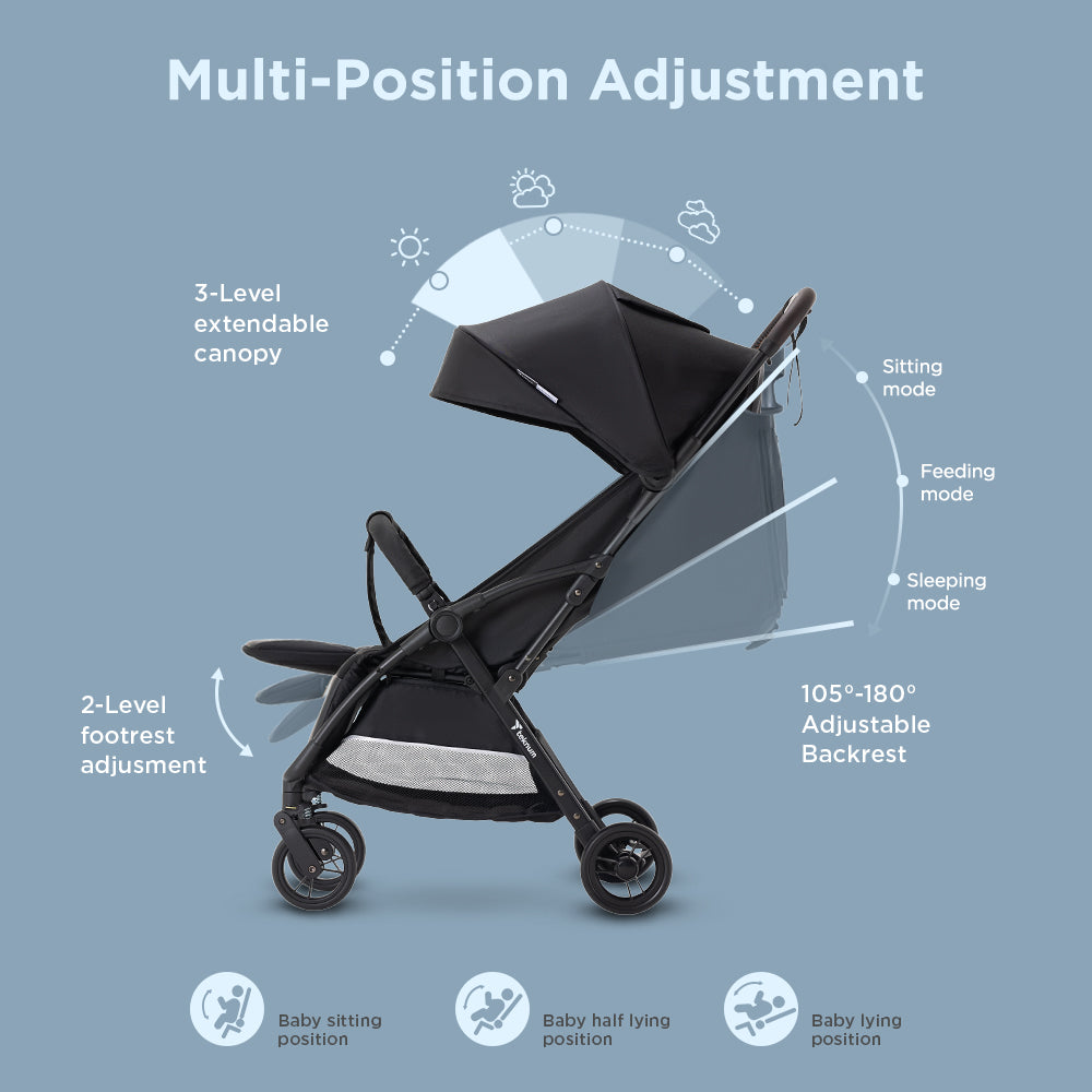 Teknum Explorer 4 Cabin-Friendly Stroller – One-Hand Auto-Fold Reclining Baby Stroller, Black
