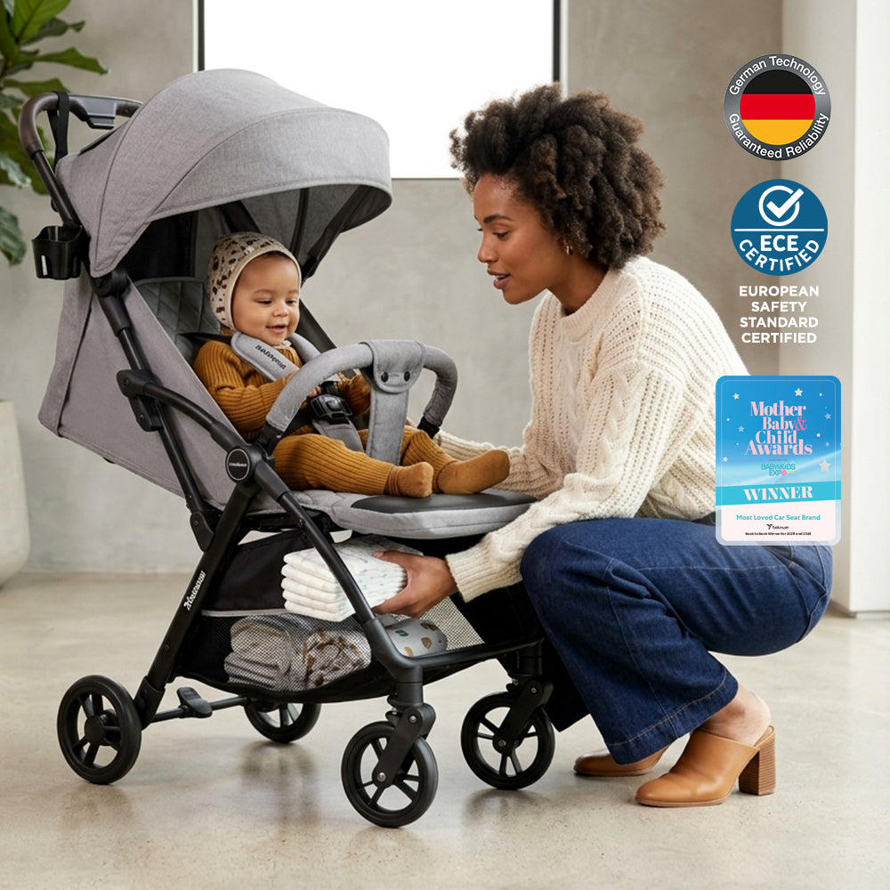 Teknum Explorer 4 Cabin-Friendly Stroller – One-Hand Auto-Fold Reclining Baby Stroller, Grey