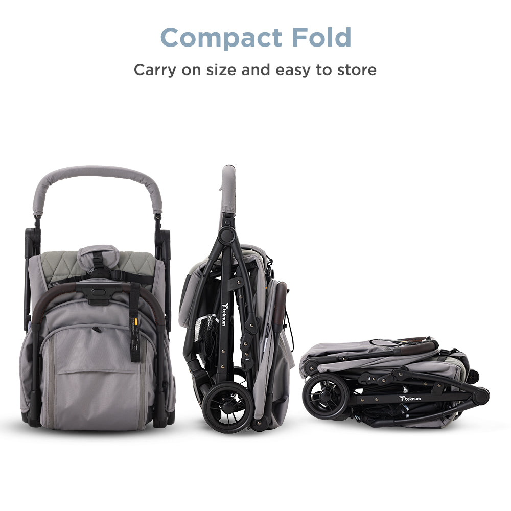 Teknum Explorer 4 Cabin-Friendly Stroller – One-Hand Auto-Fold Reclining Baby Stroller, Grey