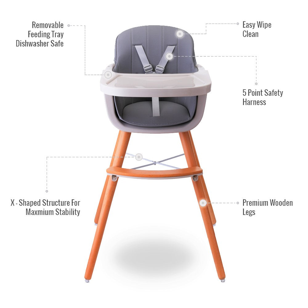 TEKNUM - Premium Dual Height Wooden High Chair - Grey
