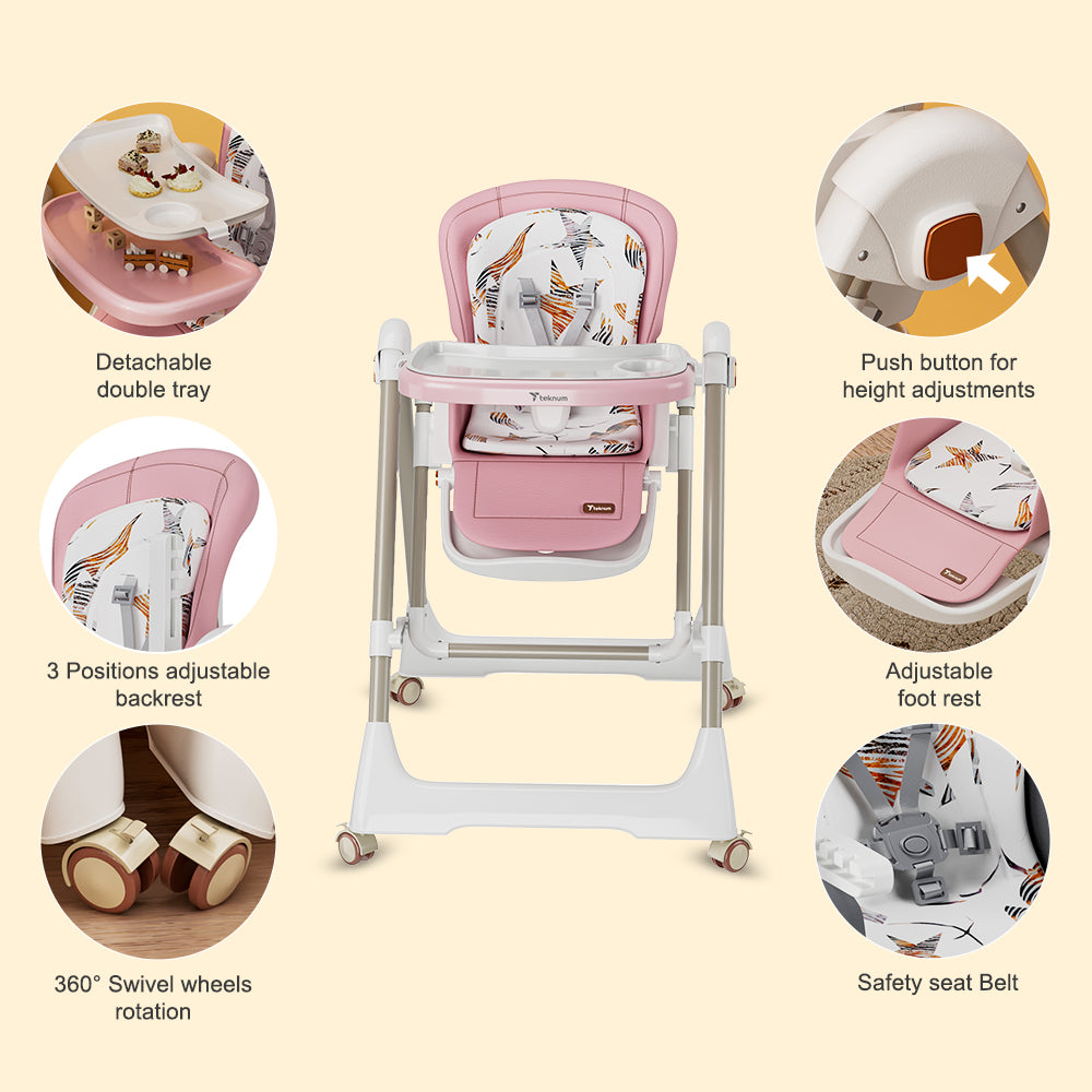 TEKNUM 5-IN-1 Swing with High Chair with Lockable wheels - Pink