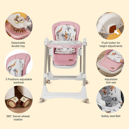 TEKNUM 5-IN-1 Swing with High Chair with Lockable wheels - Pink
