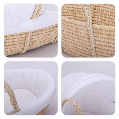 TEKNUM Moses Basket with Waffle Beddings and Mattress - Wooden Brown