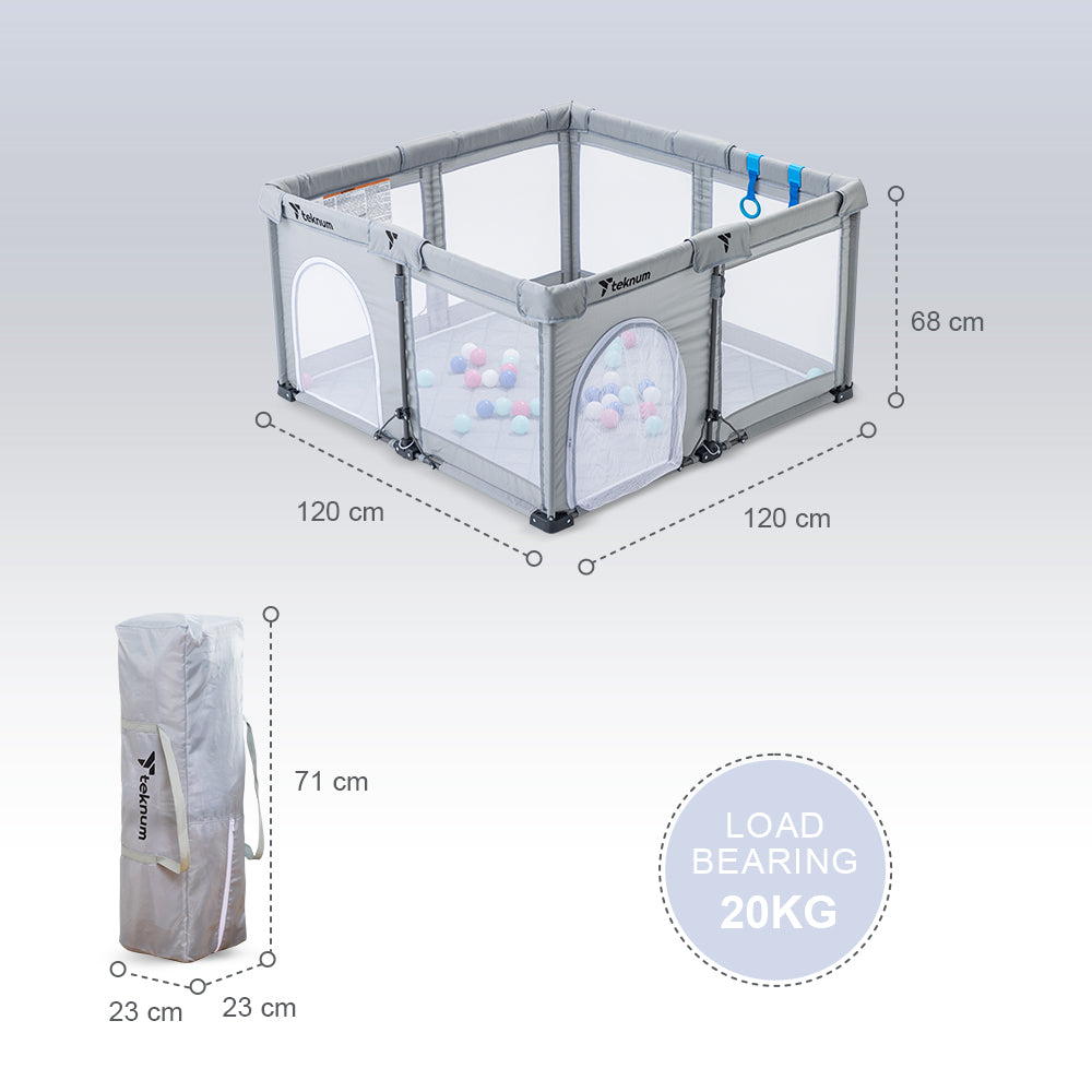 حظيرة لعب تكنوم وان - قابلة للطي لمدة دقيقة - قابلة للفتح، متوسطة الحجم 120 × 120 سم مع مرتبة وكرات - رمادي