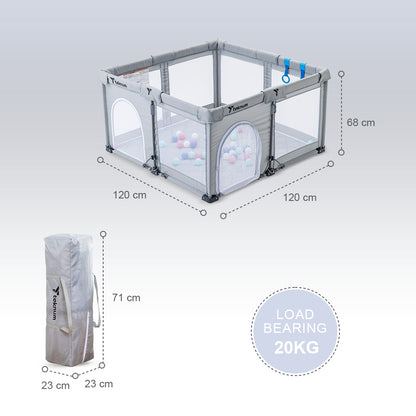 حظيرة لعب تكنوم وان - قابلة للطي لمدة دقيقة - قابلة للفتح، متوسطة الحجم 120 × 120 سم مع مرتبة وكرات - رمادي