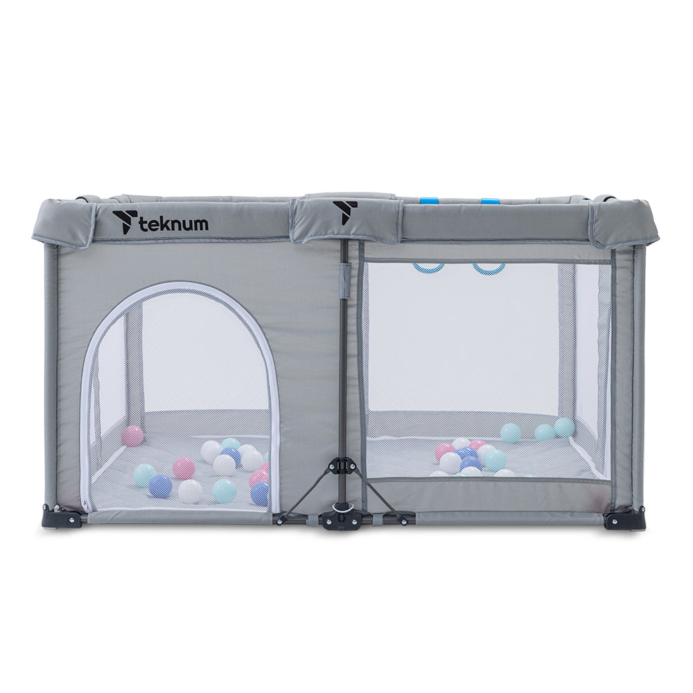 TEKNUM One - Minute Fold - Unfold Playpen, Medium 120 x 120 cm with Mattress and Balls - Grey