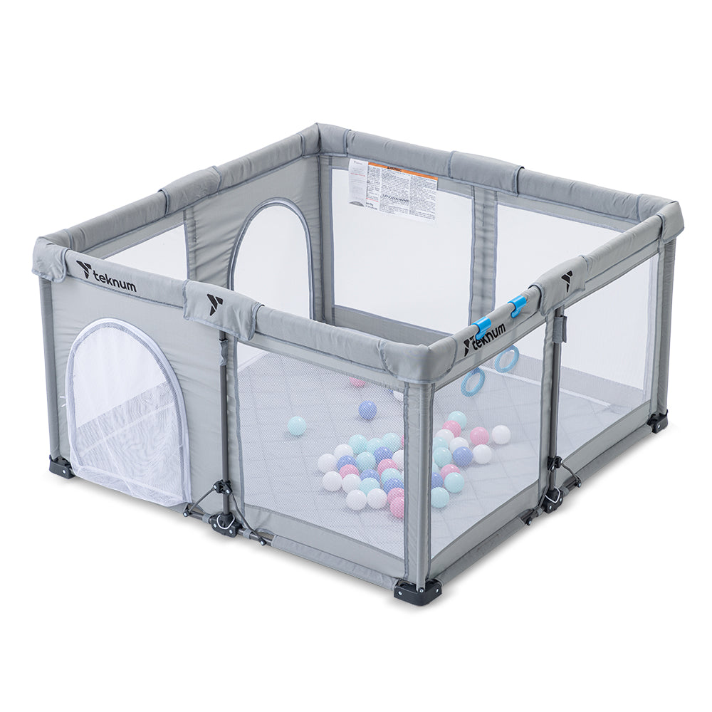 TEKNUM One - Minute Fold - Unfold Playpen, Medium 120 x 120 cm with Mattress and Balls - Grey