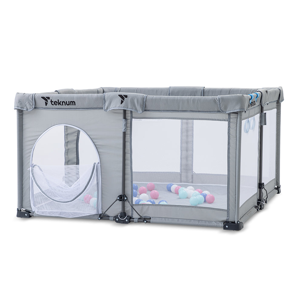 حظيرة لعب تكنوم وان - قابلة للطي لمدة دقيقة - قابلة للفتح، متوسطة الحجم 120 × 120 سم مع مرتبة وكرات - رمادي
