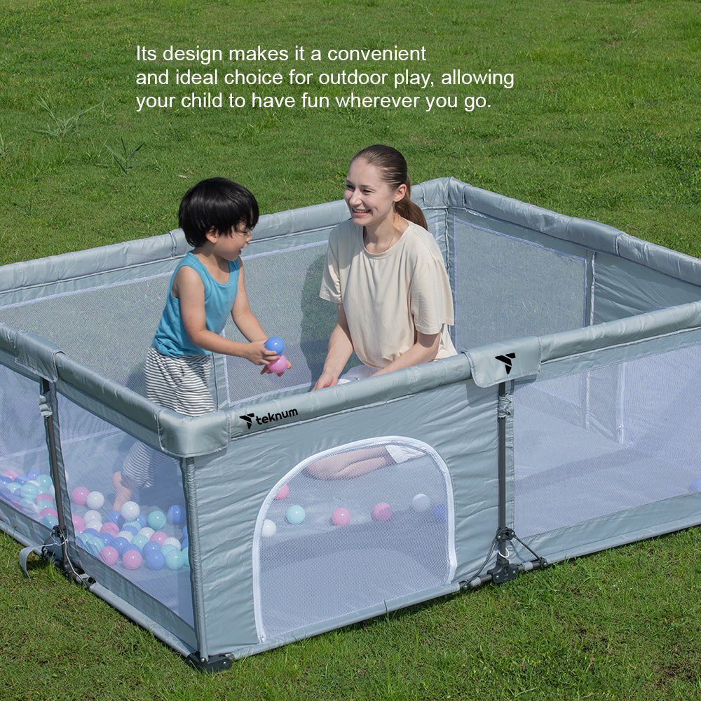 حظيرة لعب تكنوم وان - مينيت فولد - قابلة للطي، كبيرة 150 × 180 سم مع مرتبة وكرات - رمادي