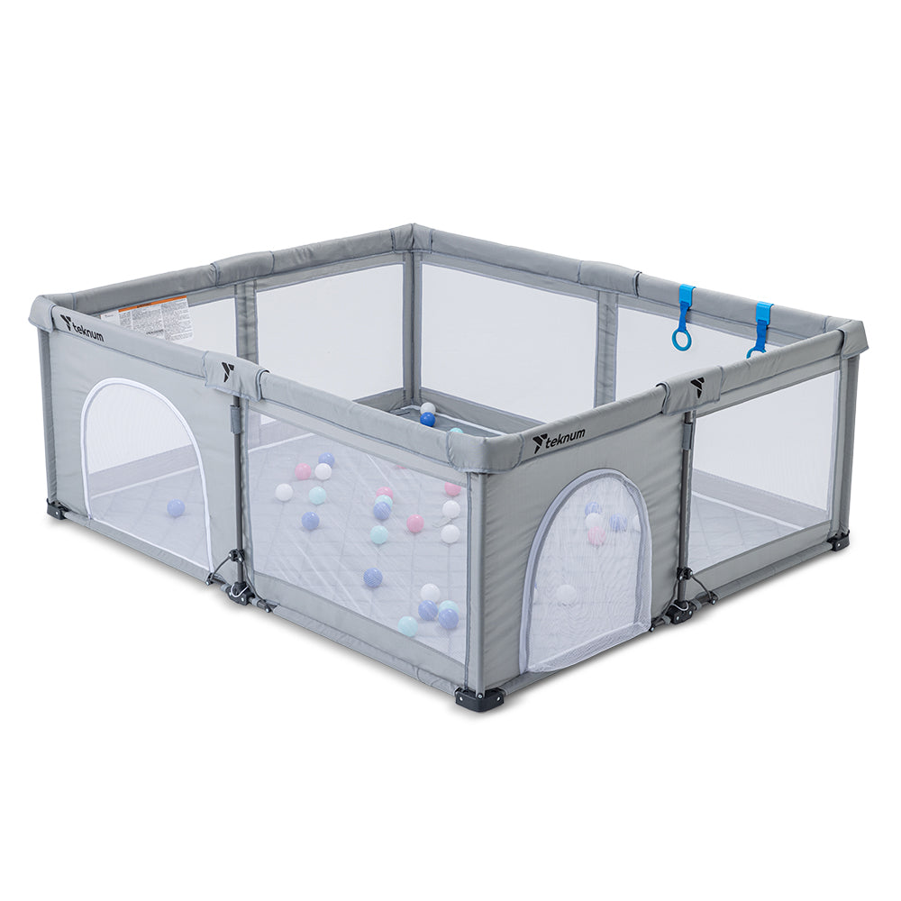 TEKNUM One - Minute Fold - Unfold Playpen, Large 150 x 180 cm with Mattress and Balls - Grey