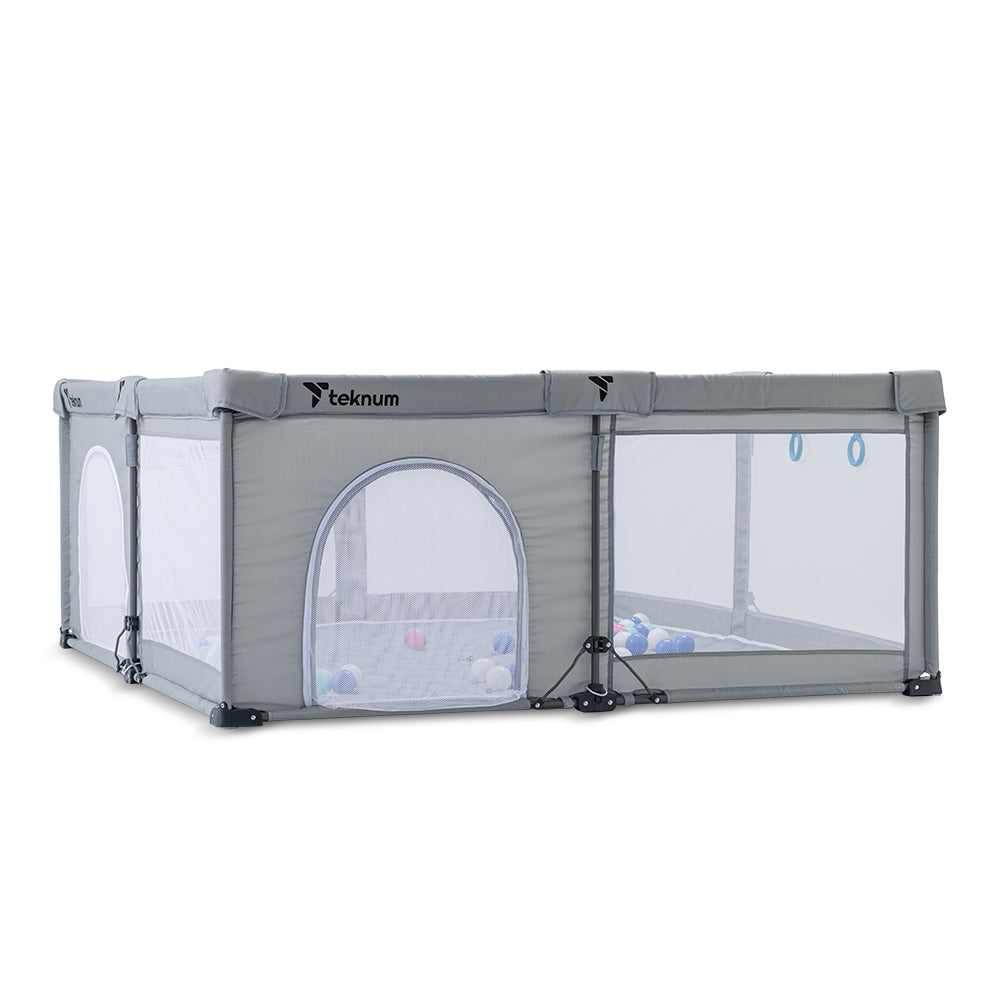 TEKNUM One - Minute Fold - Unfold Playpen, Large 150 x 180 cm with Mattress and Balls - Grey